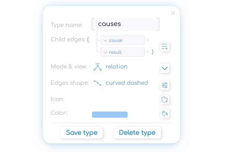 Defining node and relation types in concept maps: set unique visual style and child edge templates. Selecting a parent type shows recommended child edge types for faster structure building